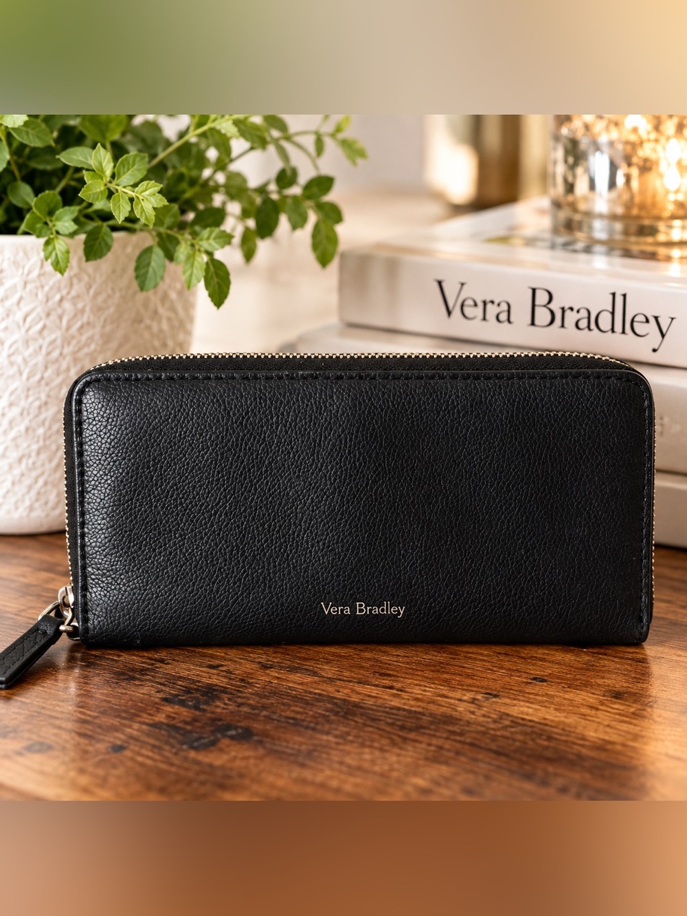 Vera Bradley Black Pebbled Leather Accordion Zip Around Wallet